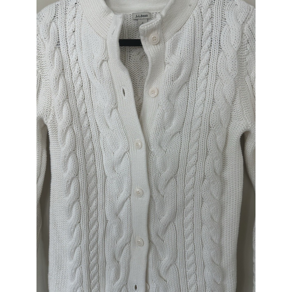 VTG LL Bean Heavy Cable Knit Nordic 100% Cotton Cable Knit Cardigan White - Picture 5 of 15